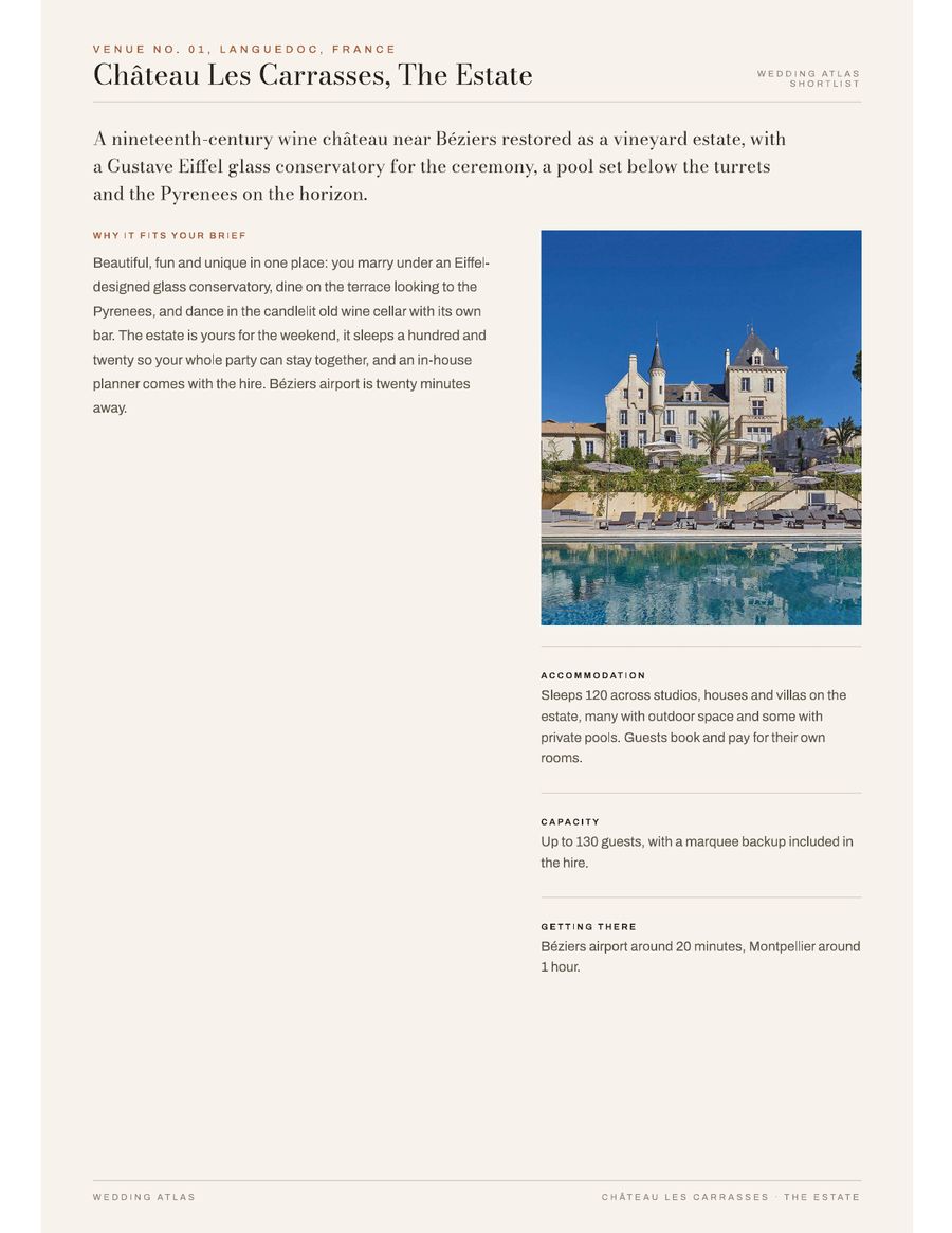 A shortlist page describing why the venue fits the couple's brief, with accommodation, capacity and how to get there
